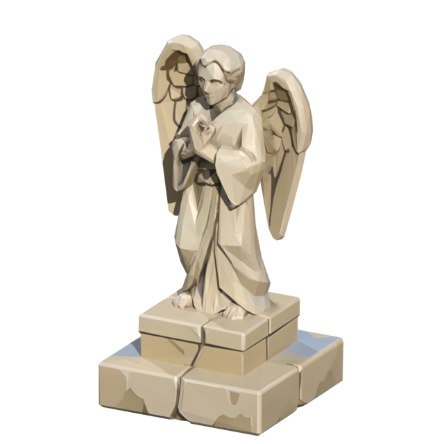 A weathered stone angel statue, wings folded and hands clasped in prayer, standing on a stepped stone plinth.