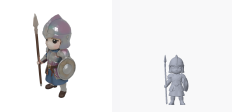 A standing foot soldier generated with the style setting "chibi", shown twice: the service's own render on the left and this project's render of the delivered geometry on the right.