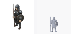 A standing foot soldier generated with the style setting "clay", shown twice: the service's own render on the left and this project's render of the delivered geometry on the right.