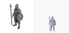 A standing foot soldier generated with the style setting "no style", shown twice: the service's own render on the left and this project's render of the delivered geometry on the right.