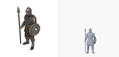 A standing foot soldier generated with the style setting "dark-fantasy", shown twice: the service's own render on the left and this project's render of the delivered geometry on the right.