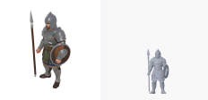 A standing foot soldier generated with the style setting "hand-painted", shown twice: the service's own render on the left and this project's render of the delivered geometry on the right.