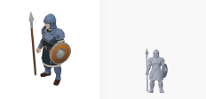 A standing foot soldier generated with the style setting "low-poly", shown twice: the service's own render on the left and this project's render of the delivered geometry on the right.