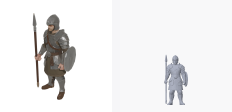 A standing foot soldier generated with the style setting "no style, reseeded", shown twice: the service's own render on the left and this project's render of the delivered geometry on the right.