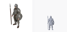 A standing foot soldier generated with the style setting "realistic", shown twice: the service's own render on the left and this project's render of the delivered geometry on the right.