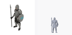 A standing foot soldier generated with the style setting "scifi", shown twice: the service's own render on the left and this project's render of the delivered geometry on the right.