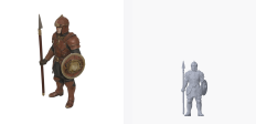A standing foot soldier generated with the style setting "steampunk", shown twice: the service's own render on the left and this project's render of the delivered geometry on the right.