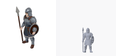 A standing foot soldier generated with the style setting "toon", shown twice: the service's own render on the left and this project's render of the delivered geometry on the right.