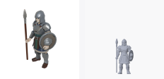 A standing foot soldier generated with the style setting "voxel", shown twice: the service's own render on the left and this project's render of the delivered geometry on the right.