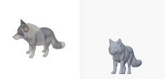 A four-legged wolf generated with the style setting "chibi", shown twice: the service's own render on the left and this project's render of the delivered geometry on the right.