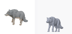 A four-legged wolf generated with the style setting "clay", shown twice: the service's own render on the left and this project's render of the delivered geometry on the right.