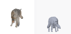 A four-legged wolf generated with the style setting "no style", shown twice: the service's own render on the left and this project's render of the delivered geometry on the right.