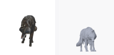 A four-legged wolf generated with the style setting "dark-fantasy", shown twice: the service's own render on the left and this project's render of the delivered geometry on the right.