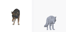 A four-legged wolf generated with the style setting "hand-painted", shown twice: the service's own render on the left and this project's render of the delivered geometry on the right.
