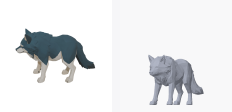 A four-legged wolf generated with the style setting "low-poly", shown twice: the service's own render on the left and this project's render of the delivered geometry on the right.