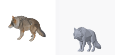 A four-legged wolf generated with the style setting "no style, reseeded", shown twice: the service's own render on the left and this project's render of the delivered geometry on the right.