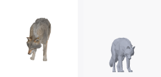 A four-legged wolf generated with the style setting "realistic", shown twice: the service's own render on the left and this project's render of the delivered geometry on the right.