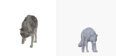 A four-legged wolf generated with the style setting "scifi", shown twice: the service's own render on the left and this project's render of the delivered geometry on the right.