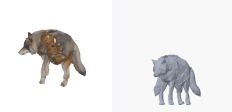 A four-legged wolf generated with the style setting "steampunk", shown twice: the service's own render on the left and this project's render of the delivered geometry on the right.