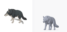 A four-legged wolf generated with the style setting "toon", shown twice: the service's own render on the left and this project's render of the delivered geometry on the right.