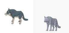 A four-legged wolf generated with the style setting "voxel", shown twice: the service's own render on the left and this project's render of the delivered geometry on the right.
