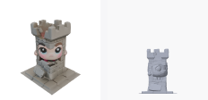 A ruined stone watchtower generated with the style setting "chibi", shown twice: the service's own render on the left and this project's render of the delivered geometry on the right.