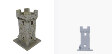 A ruined stone watchtower generated with the style setting "no style", shown twice: the service's own render on the left and this project's render of the delivered geometry on the right.